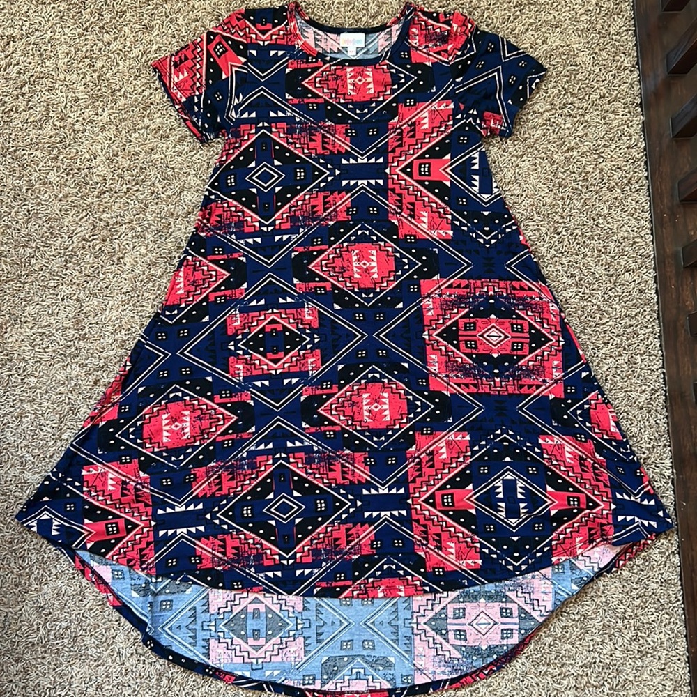 LuLaRoe Carly Dress Red Black and Royal Blue High Low Hem Size XXS